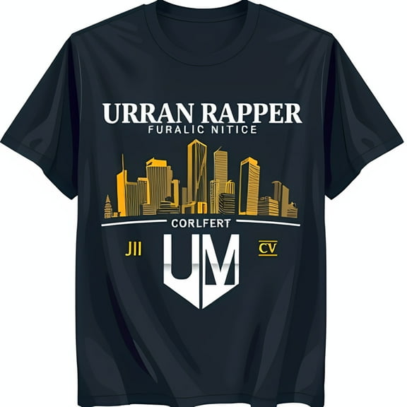 Stylized Yellow Cityscape & 'UM' Graphic Black T-Shirt for Urban Style