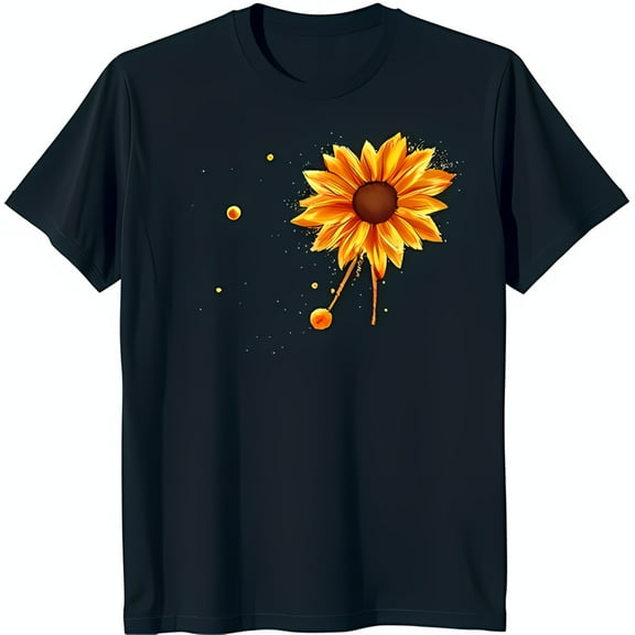 Stylized Yellow Sunflower Graphic on Dark Blue T-Shirt Unique Art Design
