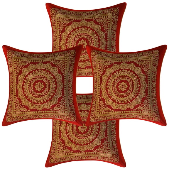 Stylo Culture Bohemian Decorative Sofa Couch Accent Throw Pillow Covers 30x30 cm Brocade Living Room Maroon Mandala Jacquard Square Zipper Ethnic 12x12 Inch Cushion Covers - Set Of 4 Pcs