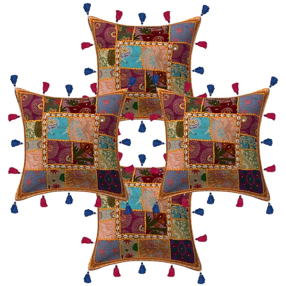 Stylo Culture Bohemian Decorative Sofa Couch Accent Throw Pillow Covers 40x40 cm Cotton Living Room Mango Yellow Floral Embroidered Patchwork Square Ethnic 16x16 Inch Cushion Covers - Set Of 4 Pcs