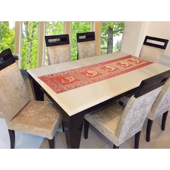 Stylo Culture Bohemian Long Wedding Table Runner Red Gold Peacock Floral Brocade Jacquard Rectangle Home Decor Indian Dining Room Tablecloth | 60x16 Inches ( 152 x 40 cm)