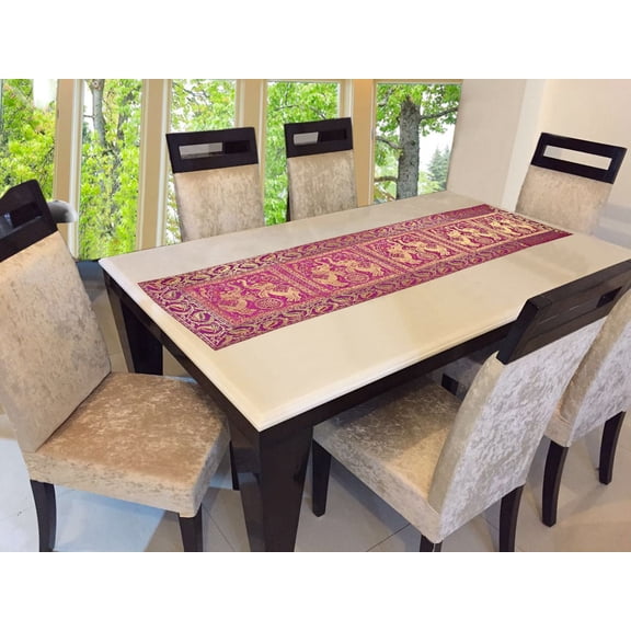 Stylo Culture Brocade Jacquard Center Table Runner Magenta Rectangular Bohemian Ethnic Table Home Decor Elephant Floral Traditional Dining Table Cloth | 60x16 Inches ( 152 x 40 cm)