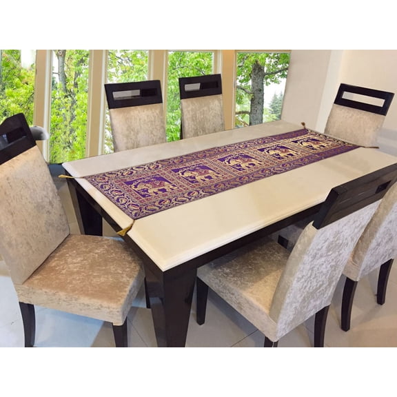 Stylo Culture Brocade Jacquard Center Table Runner Purple Rectangular Bohemian Ethnic Table Home Decor Elephant Floral Traditional Dining Table Cloth | 60x16 Inches ( 152 x 40 cm)