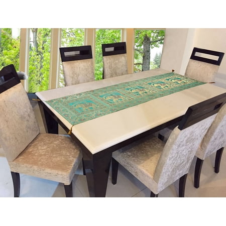 Stylo Culture Brocade Jacquard Coffee Table Runner Green Rectangular Bohemian Traditional Living Room Decor Elephant Floral Decorative Dining Table Cloth | 60x16 Inches ( 152 x 40 cm)