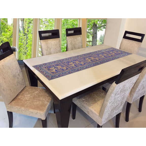 Stylo Culture Brocade Jacquard Dining Table Runner Dark Blue Rectangular Bohemian Indian Home Decor Elephant Floral Ethnic Coffee Table Cloth | 60x16 Inches ( 152 x 40 cm)