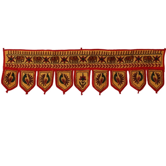Stylo Culture Decorative Cotton Window Valance For Bedroom Yellow Indian Embroidered Elephant Scarf Curtain Topper Living Room Traditional Swag Curtain Door Hanging Toran | 36 x 10 Inches