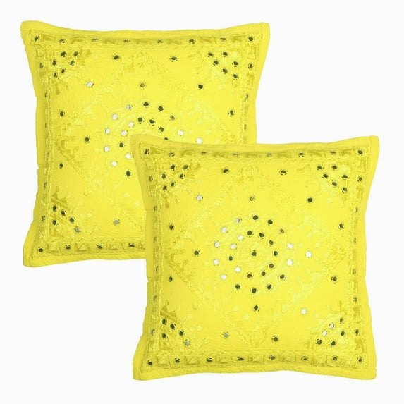 Stylo Culture Ethnic Bohemian Couch Throw Pillow Covers 16x16 Hand Embroidered Lemon Yellow Boho 40cm x 40cm Home Decor Cotton Mirrored Square Cushion Covers | Set Of 2