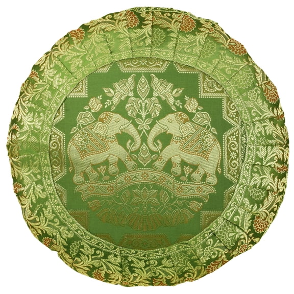 Stylo Culture Ethnic Brocade Decorative Throw Pillow Sham Cover Olive Green 17x17 Traditional Jacquard Weave Pleated Border Sofa Cushion Cover 43 x 43 cm Satin Elephant Round Pillow Case | 1 Pc