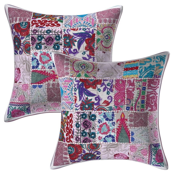 Stylo Culture Ethnic Cotton Decorative Throw Pillow Covers White 20 x 20 Bohemian Vintage Patchwork Ethnic Sofa Cushion Covers 50x50 cm Home Decor Abstract Square Pillow Cases | Set Of 2