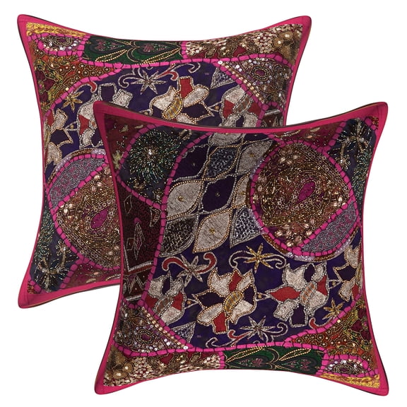 Stylo Culture Ethnic Cotton Decorative Throw Pillow Sham Covers Pink 16 x 16 Bohemian Beaded Sequins Patchwork Embroidered Couch Cushion Covers 40x40 cm Living Room Square Pillow Cases | Set Of 2