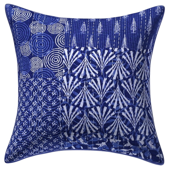 Stylo Culture Ethnic Cotton Home Decor Throw Pillow Sham Cover Indigo Blue White 16 x 16 Traditional Kantha Patch Look Sofa Cushion Cover 40x40 cm Decorative Floral Square Pillowcase | 1 Pc