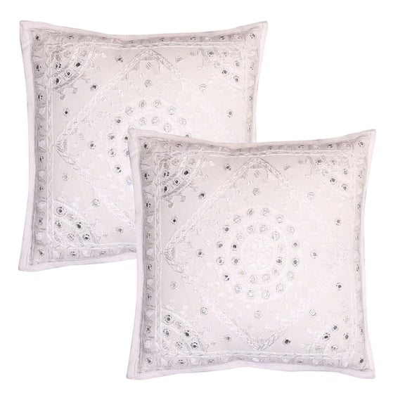 Stylo Culture Ethnic Couch Throw Pillow Covers 16x16 Hand Embroidered White Boho 40 x 40 cm Living Room Decor Cotton Mirrored Square Cushion Covers | Set Of 2