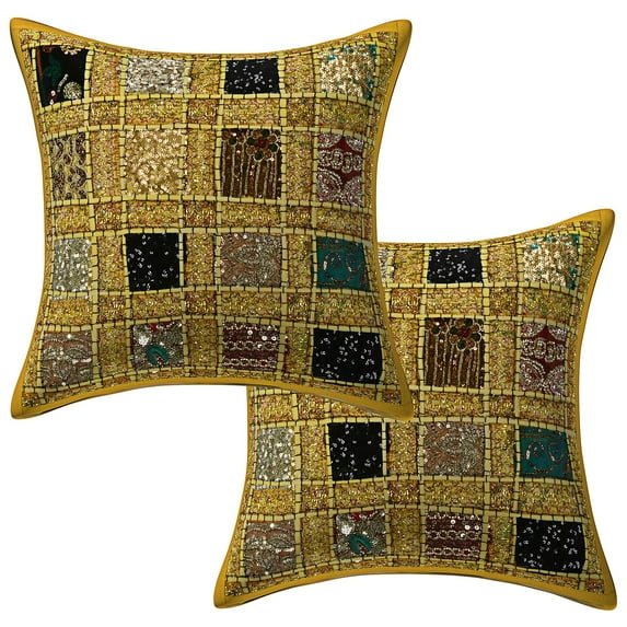Stylo Culture Ethnic Couch Throw Pillow Covers 16x16 Patchwork Embroidered Yellow Sequins 40x40 cm Home Decor Cotton Geometric Square Cushion Covers | Set Of 2