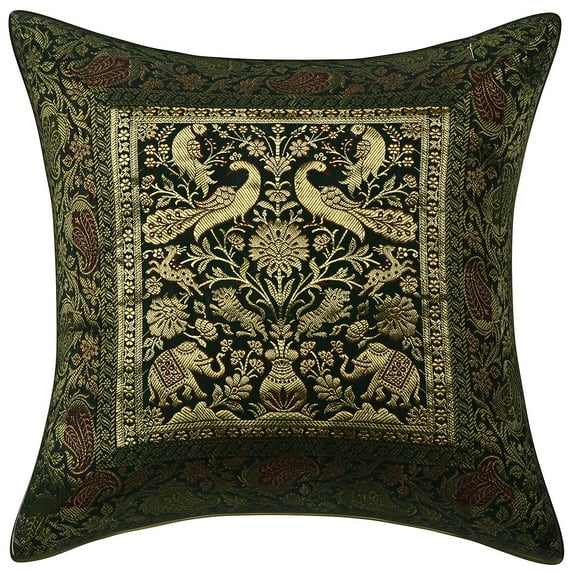 Stylo Culture Ethnic Decorative Throw Pillow Cover 16x16 Jacquard Peacock Dark Green Square 40x40 cm Home Decor Brocade Elephant Zippered Cushion Cover | 1 Pc