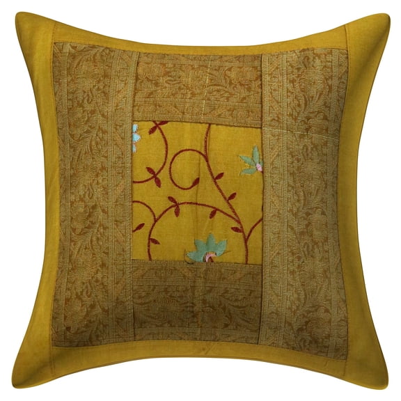 Stylo Culture Ethnic Decorative Throw Pillow Cover Embroidered 16x16 Brocade Patchwork Gold Traditional 40 x 40 cm Living Room Polydupion Floral Square Cushion Cover | 1 Pc