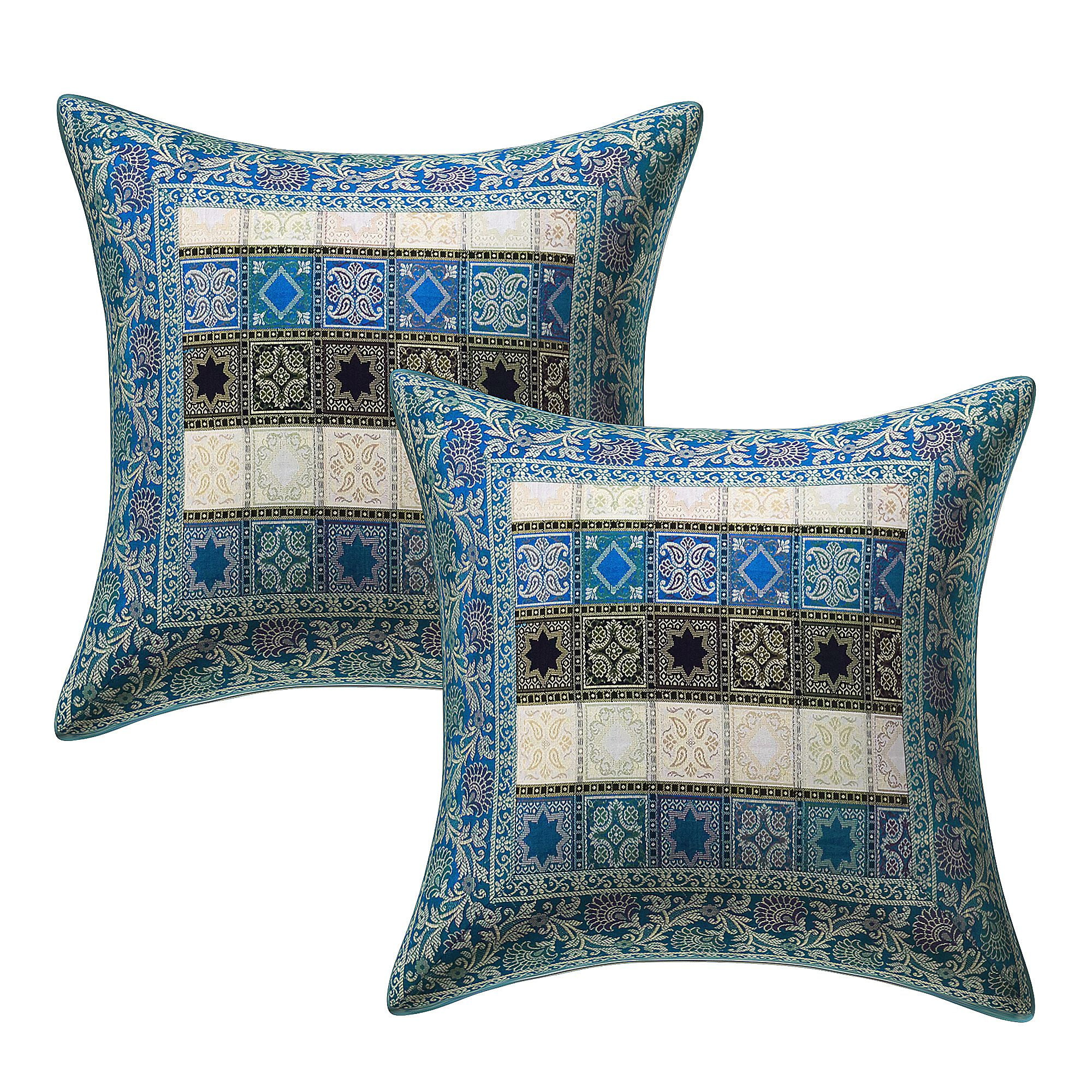 Stylo Culture Ethnic Decorative Throw Pillow Covers 16x16 Jacquard Turquoise Traditional 40cm x 40cm Home Decor Brocade Geometric Zippered Square Cushion Covers | Set Of 2