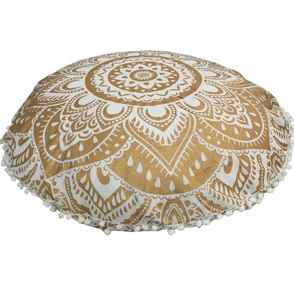 Stylo Culture Ethnic Kids Floor Pillow Mandala Floor Pillow Printed Cushion Cover Gold Big 32x32 Decorative Round Decor Seating Tuffet Seat Pouf Cover Footstool Cotton Floral 1 Pc