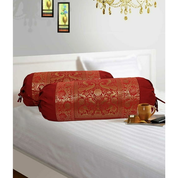 Stylo Culture Ethnic Polydupion Cylindrical Hotdog Pillow Bolster Pillow Covers Maroon Jacquard Brocade Border Elephant Large Settee Cylinder Cushion Covers (Set of 2) | 30x15 Inches (76x38 cm)
