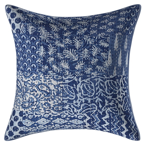 Stylo Culture Ethnic Sofa Throw Pillow Cover 16 x 16 Kantha Patchwork Indigo Blue White Traditional 40 x 40 cm Home Decor Cotton Patchwork Square Cushion Cover | 1 Pc