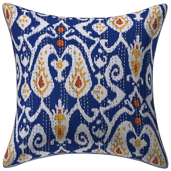 Stylo Culture Ethnic Sofa Throw Pillow Cover 16x16 Kantha Dark Blue Printed 40x40 cm Home Decor Accent Pillowcase Cotton Ikat Square Cushion Cover | 1 Pc