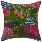 Stylo Culture Ethnic Sofa Throw Pillow Cover 16x16 Kantha Dark Olive Green Printed 40cm x 40cm Bedroom Decor Pillowcase Cotton Tropicana Square Cushion Cover | 1 Pc