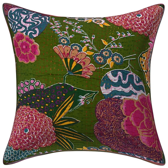 Stylo Culture Ethnic Sofa Throw Pillow Cover 16x16 Kantha Dark Olive Green Printed 40cm x 40cm Bedroom Decor Pillowcase Cotton Tropicana Square Cushion Cover | 1 Pc