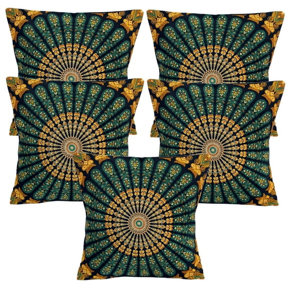 Stylo Culture Ethnic Sofa Throw Pillow Covers 16 x 16 Peacock Eye Printed Black Green Traditional 40x40 cm Home Decor Cotton Mandala Square Cushion Covers | Set Of 5