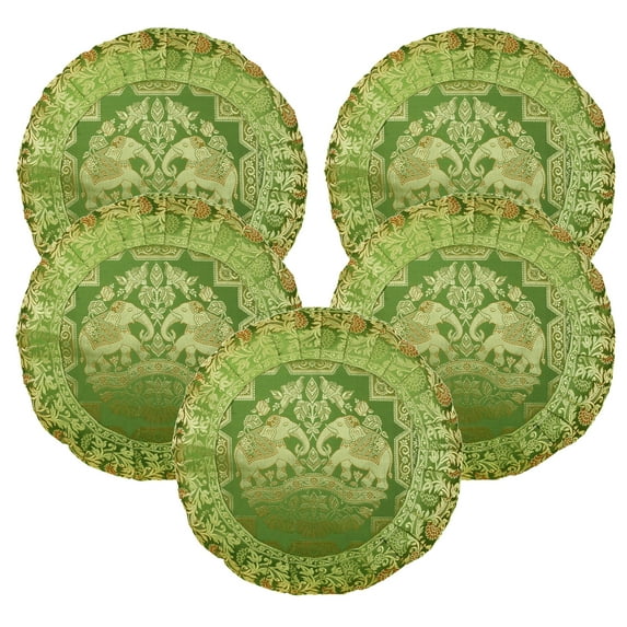 Stylo Culture Indian Brocade Decorative Throw Pillow Covers Olive Green 17 x 17 Traditional Jacquard Weave Pleated Border Couch Cushion Covers 43x43 cm Satin Elephant Round Pillowcases | Set Of 5