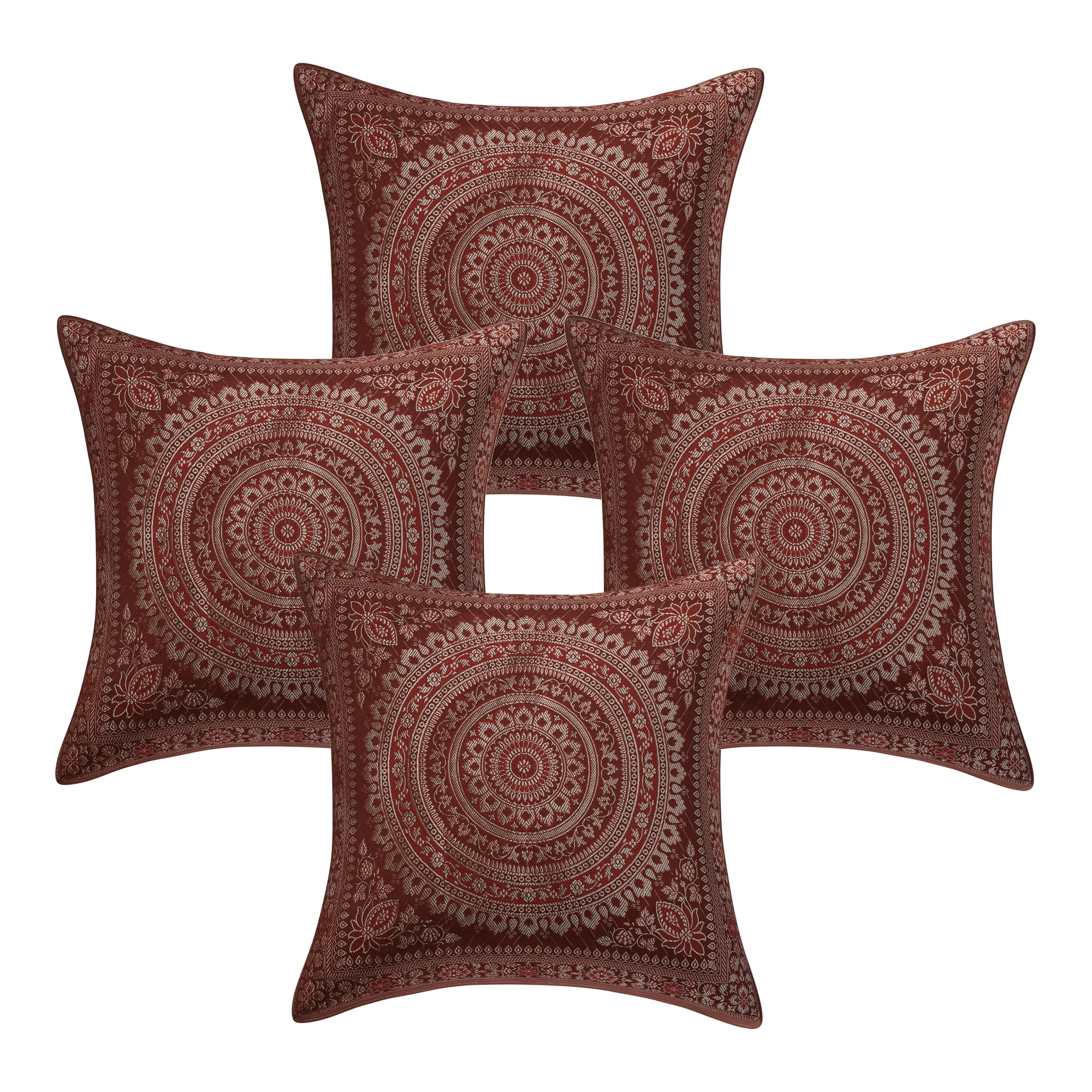 Stylo Culture Indian Brocade Home Decor Throw Pillow Sham Covers Coffee Brown 16 x 16 Boho Jacquard Weave Gold Sofa Cushion Covers 40x40 cm Polydupion Silk Mandala Square Pillow Cases | Set Of 4