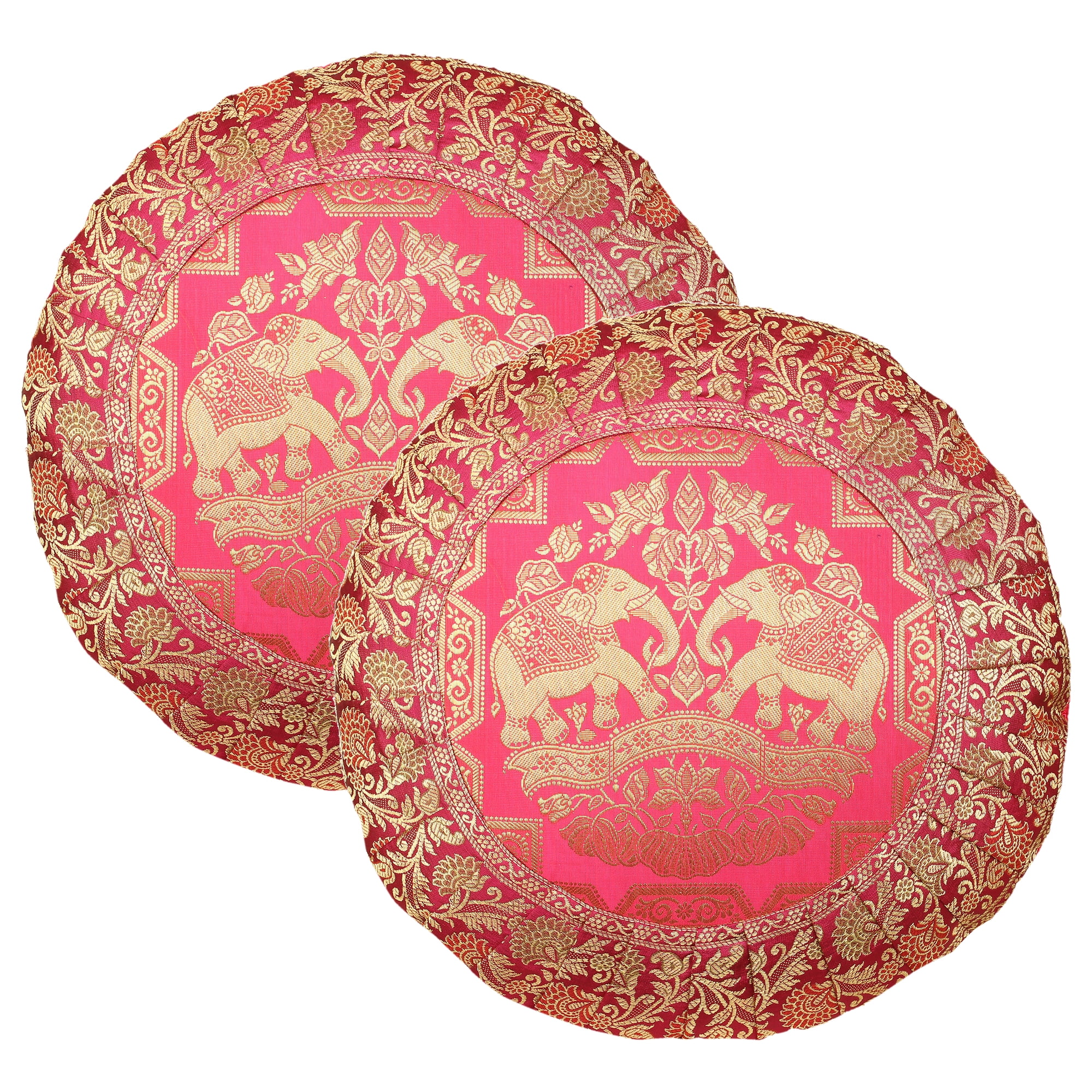 Stylo Culture Indian Brocade Living Room Throw Pillow Covers Pink 17 x 17 Traditional Jacquard Weave Pleated Border Couch Cushion Covers 43x43 cm Satin Elephant Round Pillowcases | Set Of 2