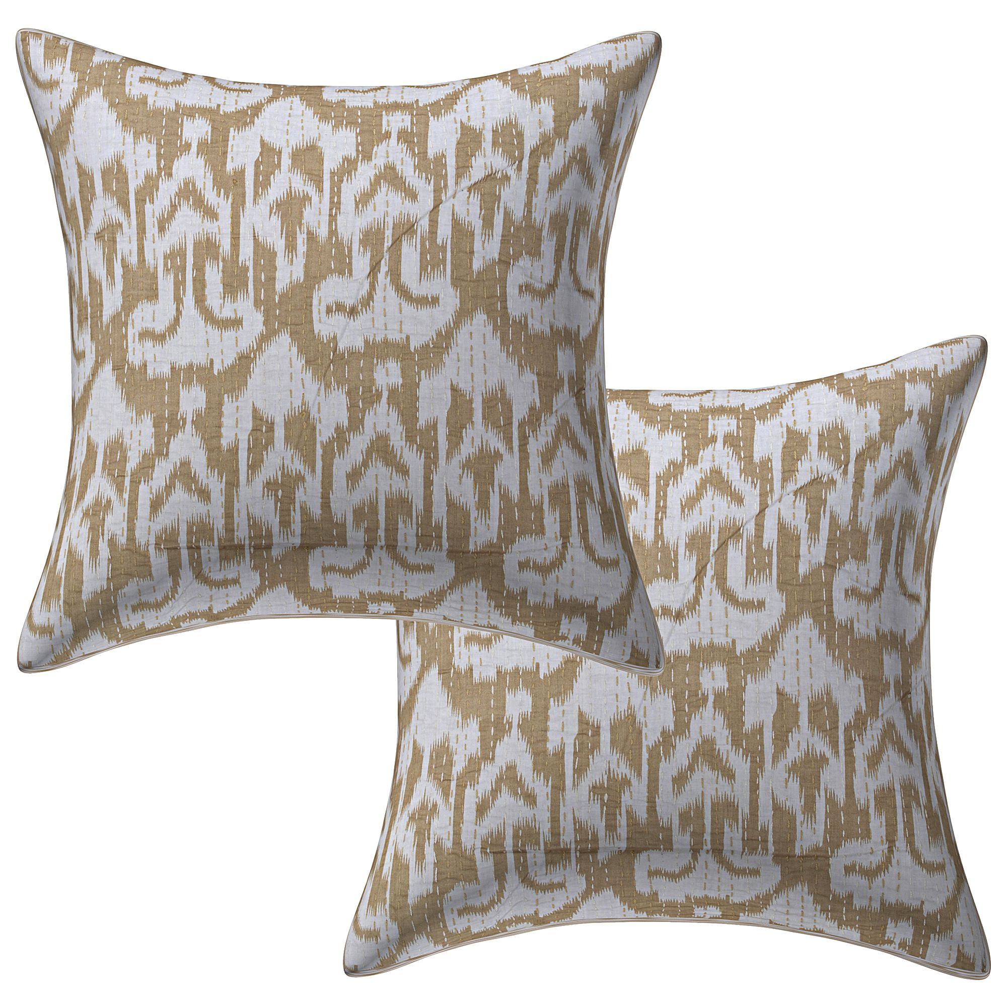 Stylo Culture Indian Chair Seat Throw Pillow Covers 16 x 16 Kantha Beige Printed 40x40 cm Home Decor Accent Pillowcase Cotton Ikat Square Cushion Covers | Set Of 2