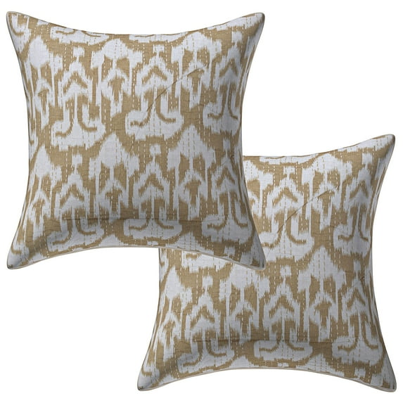 Stylo Culture Indian Chair Seat Throw Pillow Covers 16 x 16 Kantha Beige Printed 40x40 cm Home Decor Accent Pillowcase Cotton Ikat Square Cushion Covers | Set Of 2