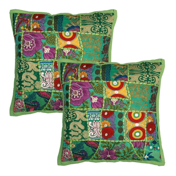 Stylo Culture Indian Chair Seat Throw Pillow Covers 16 x 16 Vintage Patchwork Parrot Green Bohemian 40x40 cm Home Decor Cotton Floral Square Cushion Covers | Set Of 2