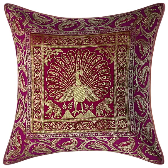 Stylo Culture Indian Christmas Brocade Magenta And Gold Throw Pillow Covers 16x16 Jacquard Weave Banarasi Cute Throw Pillow Covers Dancing Peacock Floral 40x40 cm Decorative Cushion Covers (1 Pc)
