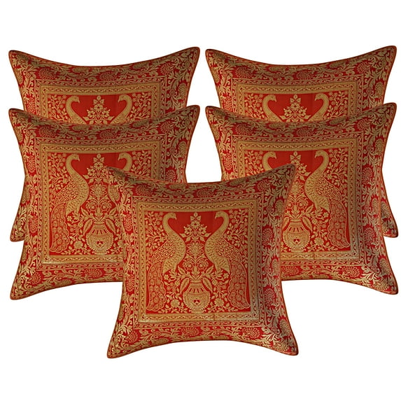 Stylo Culture Indian Christmas Brocade Red And Gold Throw Pillow Covers 16x16 Jacquard Weave Banarasi Sofa Pillow Cases Peacock Floral 40x40 cm Decorative Cushion Covers (Set Of 5)