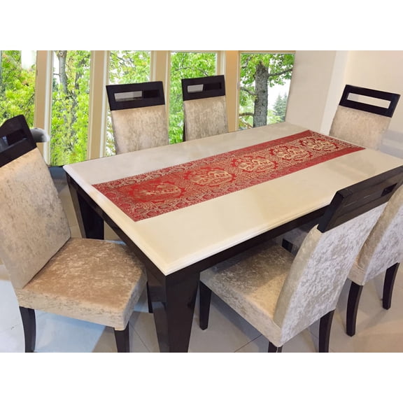 Stylo Culture Indian Coffee Table Runner Red Gold Elephant & Floral Brocade Jacquard Rectangle Home Decor Ethnic Extra Long Tablecloth | 60x16 Inches ( 152 x 40 cm)