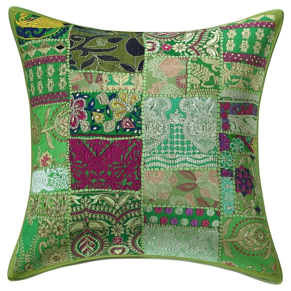 Stylo Culture Indian Cotton Home Decor Throw Pillow Sham Cover Parrot Green 20x20 Bohemian Vintage Patchwork Indian Couch Cushion Cover 50 x 50 cm Living Room Abstract Square Pillowcase | 1 Pc