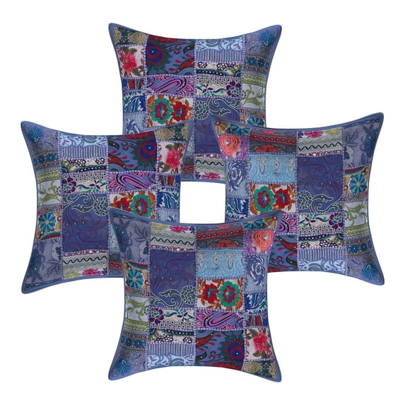 Stylo Culture Indian Cotton Home Decor Throw Pillow Sham Covers Grey 18x18 Bohemian Vintage Patchwork Indian Couch Cushion Covers 45 x 45 cm Living Room Abstract Square Pillowcases | Set Of 4