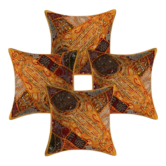 Stylo Culture Indian Cotton Living Room Throw Pillow Covers Mango Yellow 16x16 Bohemian Beaded Sequins Patchwork Embroidered Sofa Cushion Covers 40 x 40 cm Home Decor Square Pillowcases | Set Of 4