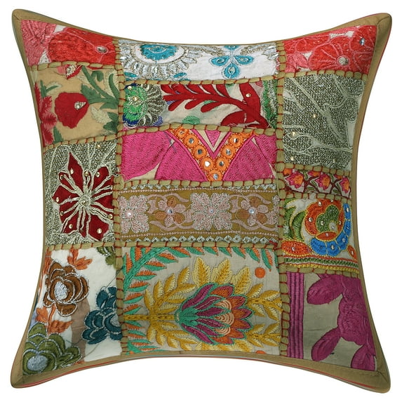 Stylo Culture Indian Cotton Living Room Throw Pillow Sham Cover Khaki 12x12 Bohemian Vintage Patchwork Indian Couch Cushion Cover 30 x 30 cm Decorative Abstract Square Pillowcase | 1 Pc