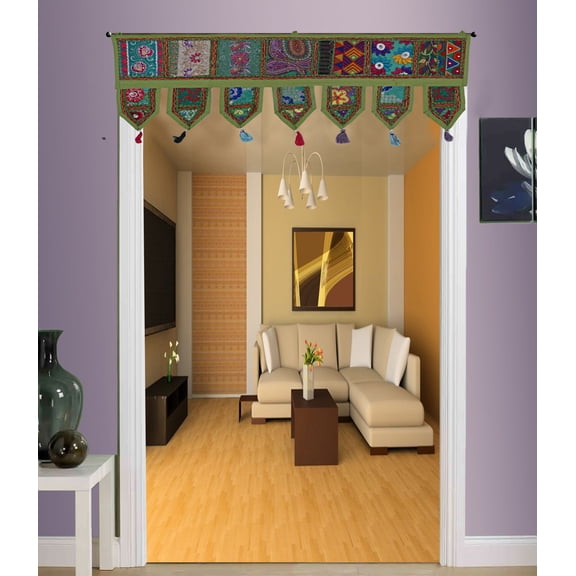 Stylo Culture Indian Cotton Window Valance For Bedroom Parrot Green Vintage Embroidered Patchwork Tassels Floral Scarf Curtain Topper Home Decor Swag Curtain Door Hanging Toran | 38 x 14 Inches