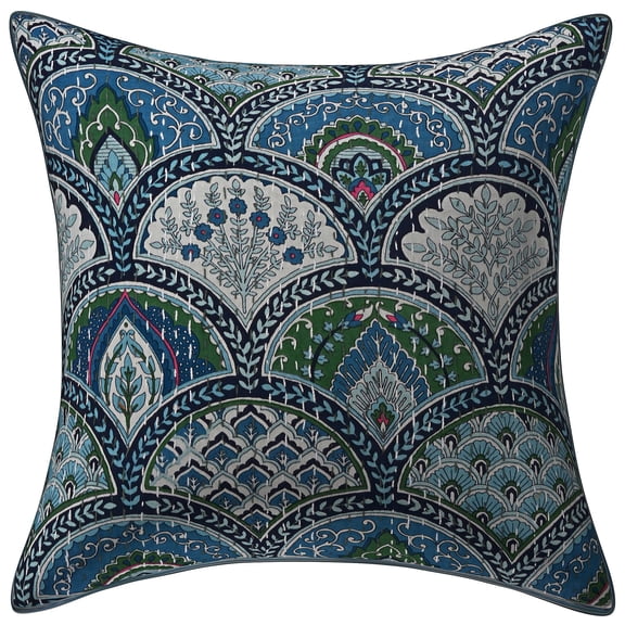Stylo Culture Indian Couch Throw Pillow Cover 16 x 16 Kantha Grey Printed 40x40 cm Bedroom Decor Pillowcase Cotton Rainbow Square Cushion Cover | 1 Pc