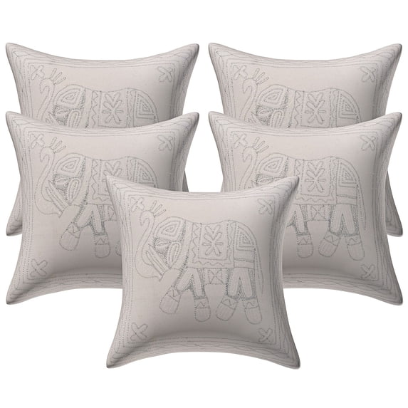 Stylo Culture Indian Couch Throw Pillow Covers 16 x 16 Silver Thread Embroidered White Silver Ethnic 40 x 40 cm Home Decor Cotton Elephant Square Cushion Covers | Set Of 5