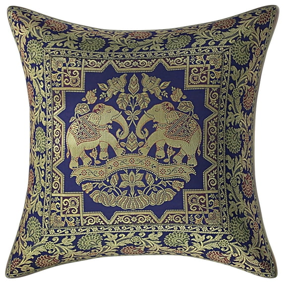 Stylo Culture Indian Decorative Sofa Brocade Navy Blue And Gold Throw Pillow Covers 16x16 Jacquard Weave Banarasi Square Throw Pillow Covers Elephant Floral 40x40 cm Cushion Covers (1 Pc)