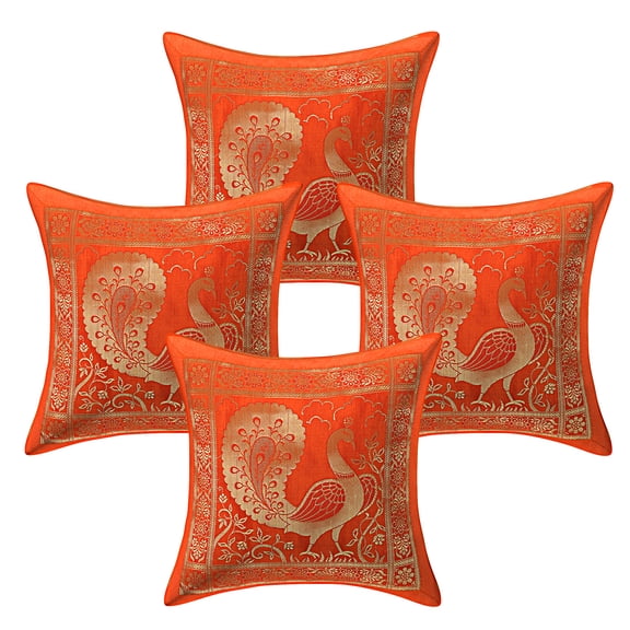 Stylo Culture Indian Decorative Sofa Settee Toss Throw Pillow Covers 30x30 cm Brocade Bedroom Orange Peacock Jacquard Square Zipper Bohemian 12x12 Inch Cushion Covers - Set Of 4 Pcs