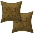 thumbnail image 1 of Stylo Culture Indian Decorative Throw Pillow Covers 16 x 16 Elephant Gold Thread Embroidered Olive Green Ethnic 40 x 40 cm Home Decor Cotton Square Cushion Covers | Set Of 2, 1 of 3