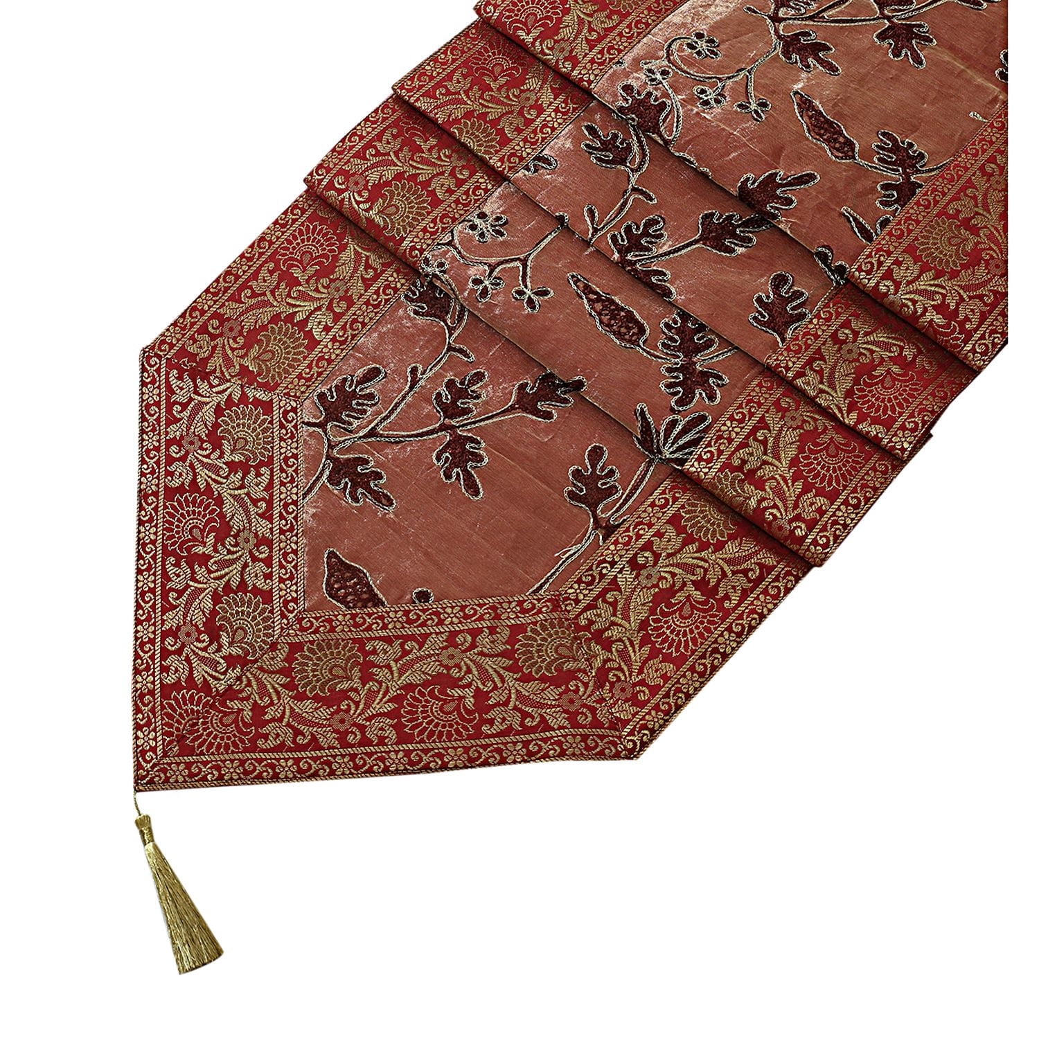 Stylo Culture Indian Dining Christmas Table Runner Extra Long 6 Ft Maroon Coffee Ethnic Brocade Bordered 72 Inch Decorative Placemat Zari Embroidered Tassels 14 Inch Wide Party Wedding Decor