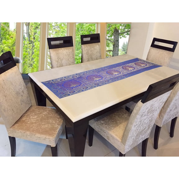 Stylo Culture Indian Dining Room Table Runner Dark Blue Gold Dancing Peacock Floral Brocade Jacquard Rectangle Home Decor Bohemian Dining Table Cloth | 60x16 Inches ( 152 x 40 cm)