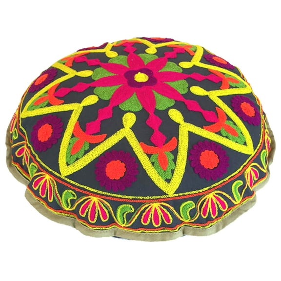 Stylo Culture Indian Outdoor Floor Cushion Cover Traditional Sujani Embroidered Yoga Pillow Case Colorful Small 18x18 Decorative Round Decor Seating Tuffet Seat Pouf Cover Cotton Floral 1 Pc