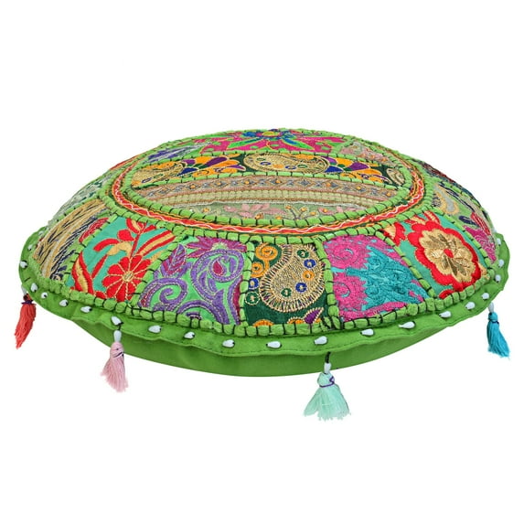 Stylo Culture Indian Pillow Seats For Floor Vintage Bohemian Patchwork Boho Cushion Cover Parrot Green Round Throw Pillow 18 Small Decorative Decor Seating Tuffet Footstool Cotton Embroidered 1 Pc